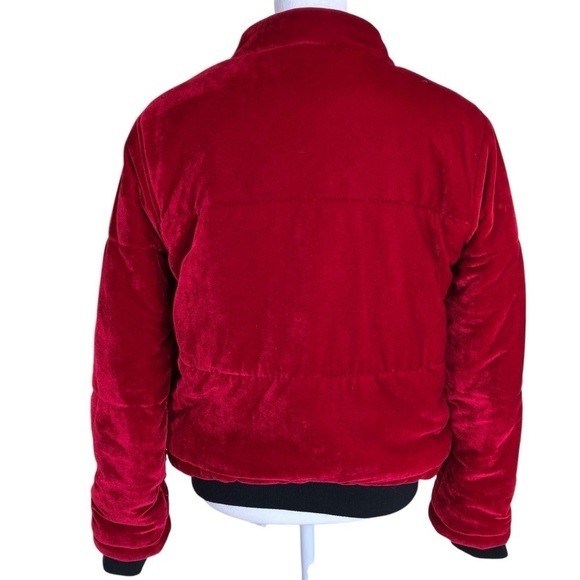 Me Jane Velvet Plush Bomber Puffer Jacket Zip Up Vibrant Cherry Red Cozy FLAWS S - Picture 7 of 16